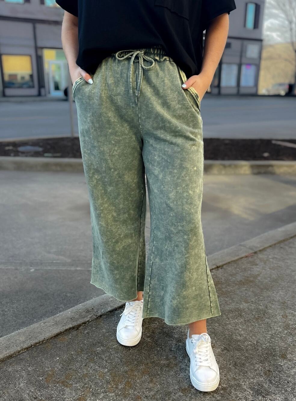 Zenana Acid Washed French Terry Palazzo Pants Small Olive Green Drawstring